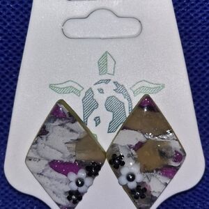 Marbled Diamond Floral Stud Earrings - Purple, White, Black, Tan